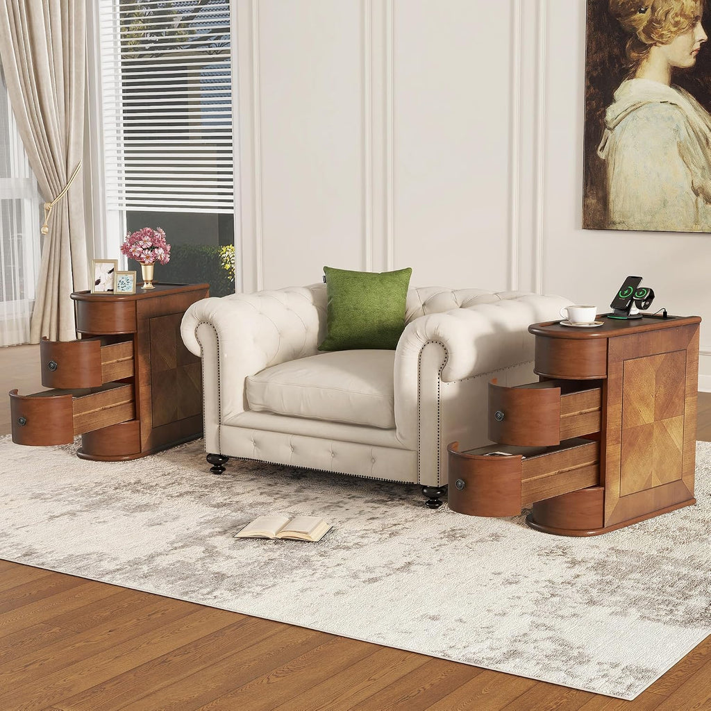 Narrow End Table with Charging Station, Wood Side Table with Drawers for Small Spaces, Long Nightstand with Storage, Slim Bedside Cabinet for Living Room/Bedroom/Corner, Fully Assembled, Walnut
