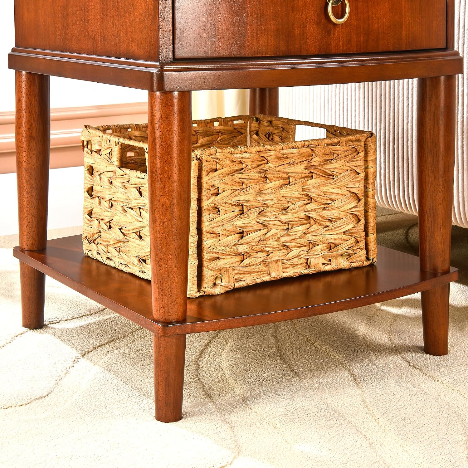 Farmhouse End Side Table with Pull-Out Tray And Storage Drawer, Sofa Beside Tables with Wood Leg, Nightstand, No-Tools Assembly 17.7'L x 19.7'W x 22.8'H for Living Room, Caramel Brown CJZ-A1569-MG