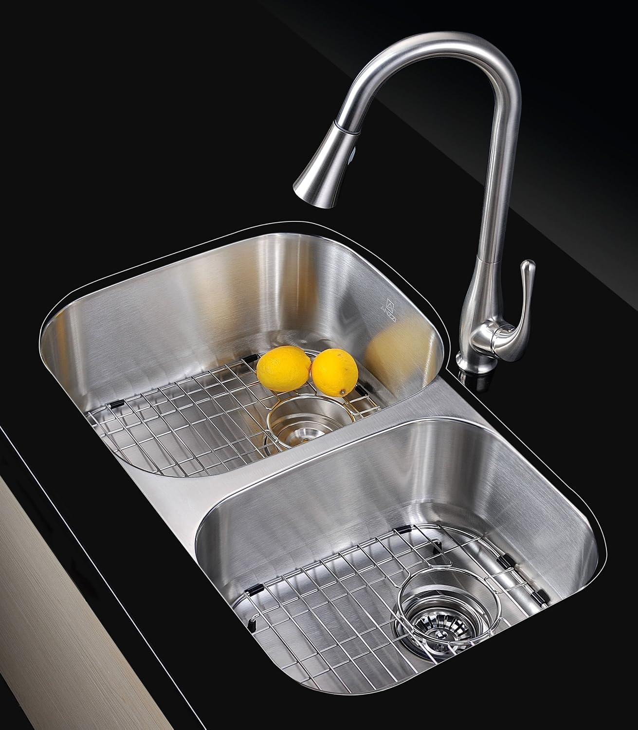 ANZZI Moore 32 Inch 304 Stainless Steel Undermount Double Kitchen Sink with 60/40 Split, 16 Gauge Deep Soak Dual Basin Bowl Kitchen Sink with Bottom Grid, Strainer, and Drain, K-AZ3220-3B