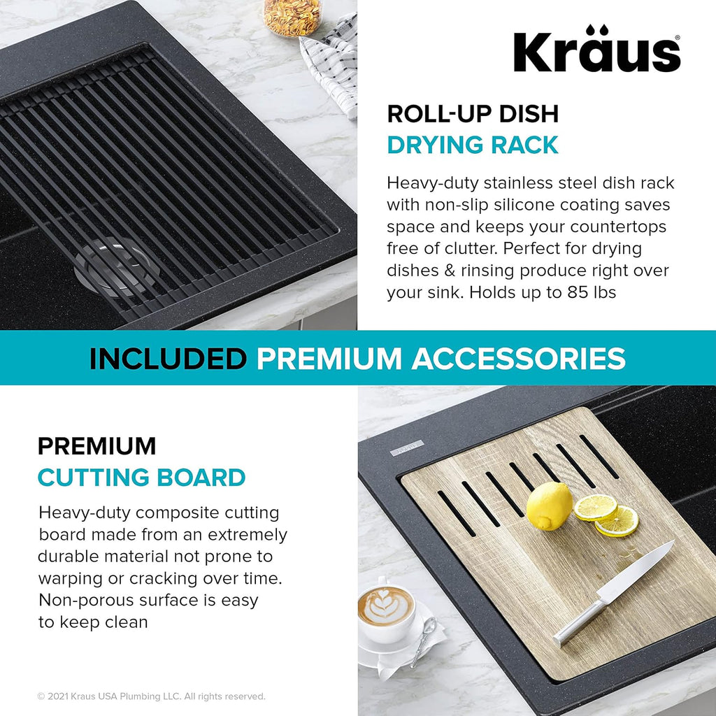 KRAUS Bellucci Workstation 33' Single Bowl Granite Kitchen Sink in Metallic Black w/Accessories, KGTW2-33MBL, Includes Dish Drainer/Dish Drying Rack