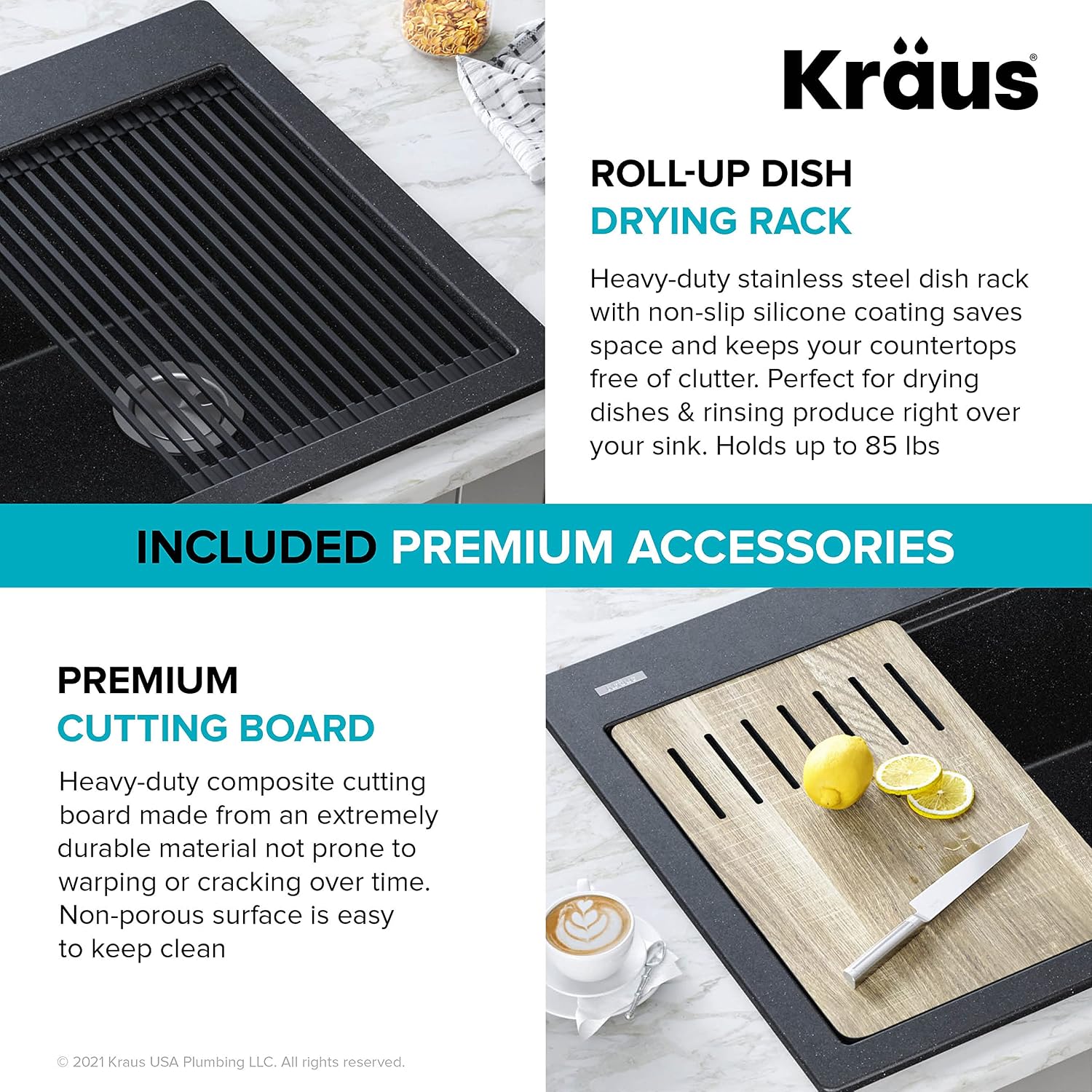 KRAUS Bellucci Workstation 33' Single Bowl Granite Kitchen Sink in Metallic Black w/Accessories, KGTW2-33MBL, Includes Dish Drainer/Dish Drying Rack