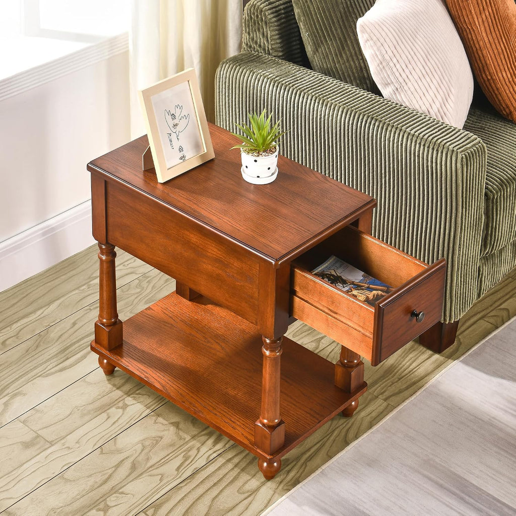 Narrow End Table with Drawer and Open Storage Shelf, Solid Wood Sofa Side Table for Living Room, Beside Table,Telephone Table for Small Spaces, No-Tools Assembly Caramel Brown BBJ004DR