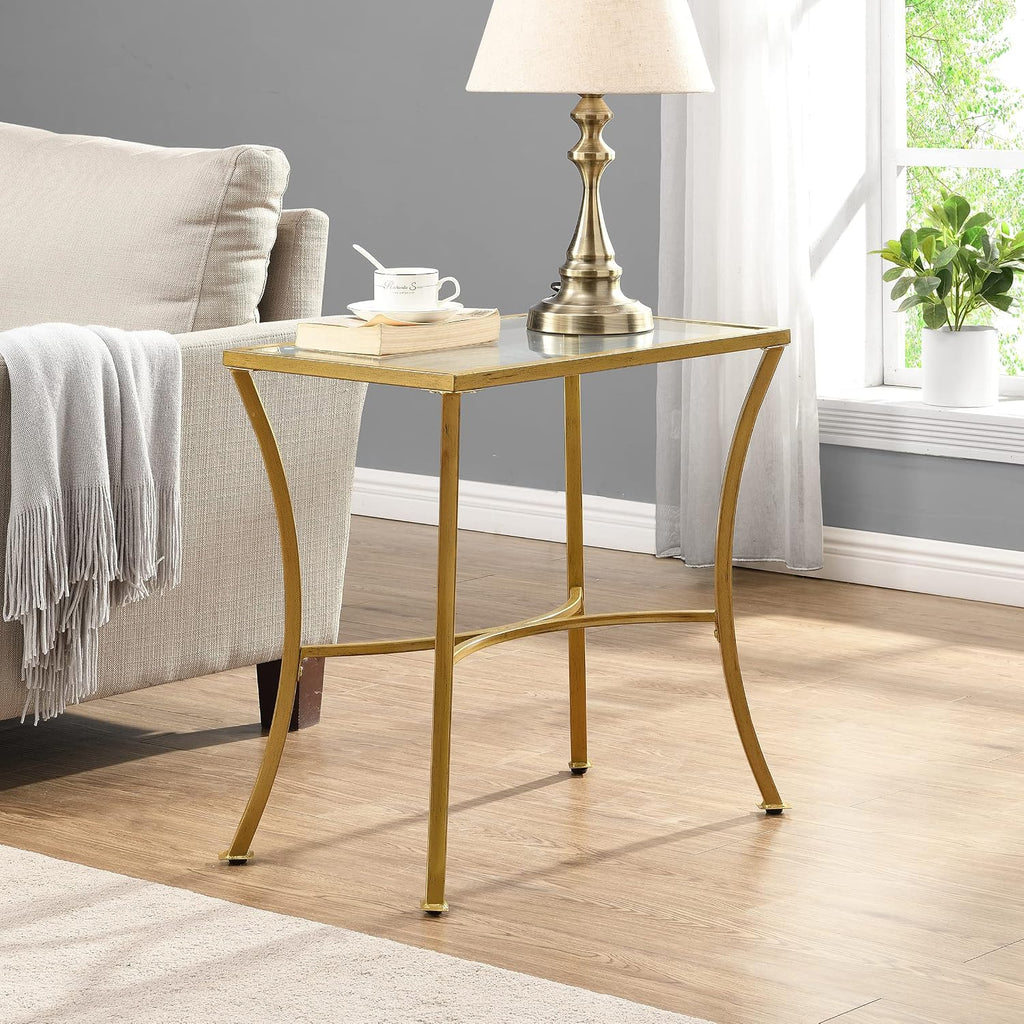 Carolina Chair & Table Ryker Accent Table with Clear Tempered Glass Top – Elegant Modern Furniture, Antique Gold Slim Metal Frame Side Table for Home Decor, Small Living Room, Bedroom, Entryway