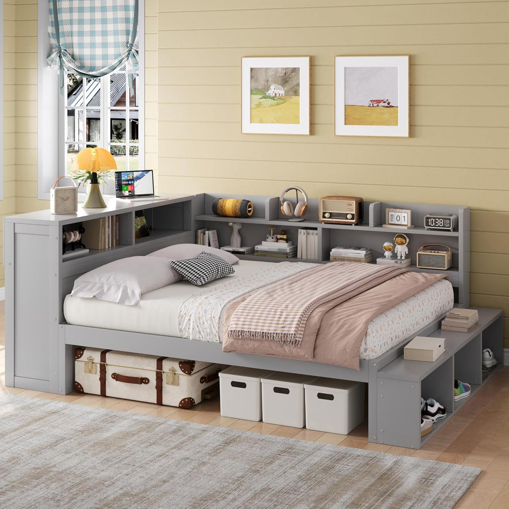 Merax Full Size Daybed with Storage Cabinets, Shoe Cabinet and USB Ports for Kids or Teens, Wood Full Daybed with Headboard, L-Shaped Corner Bed Full Size for Guestroom Living Room or Bedroom, Gray