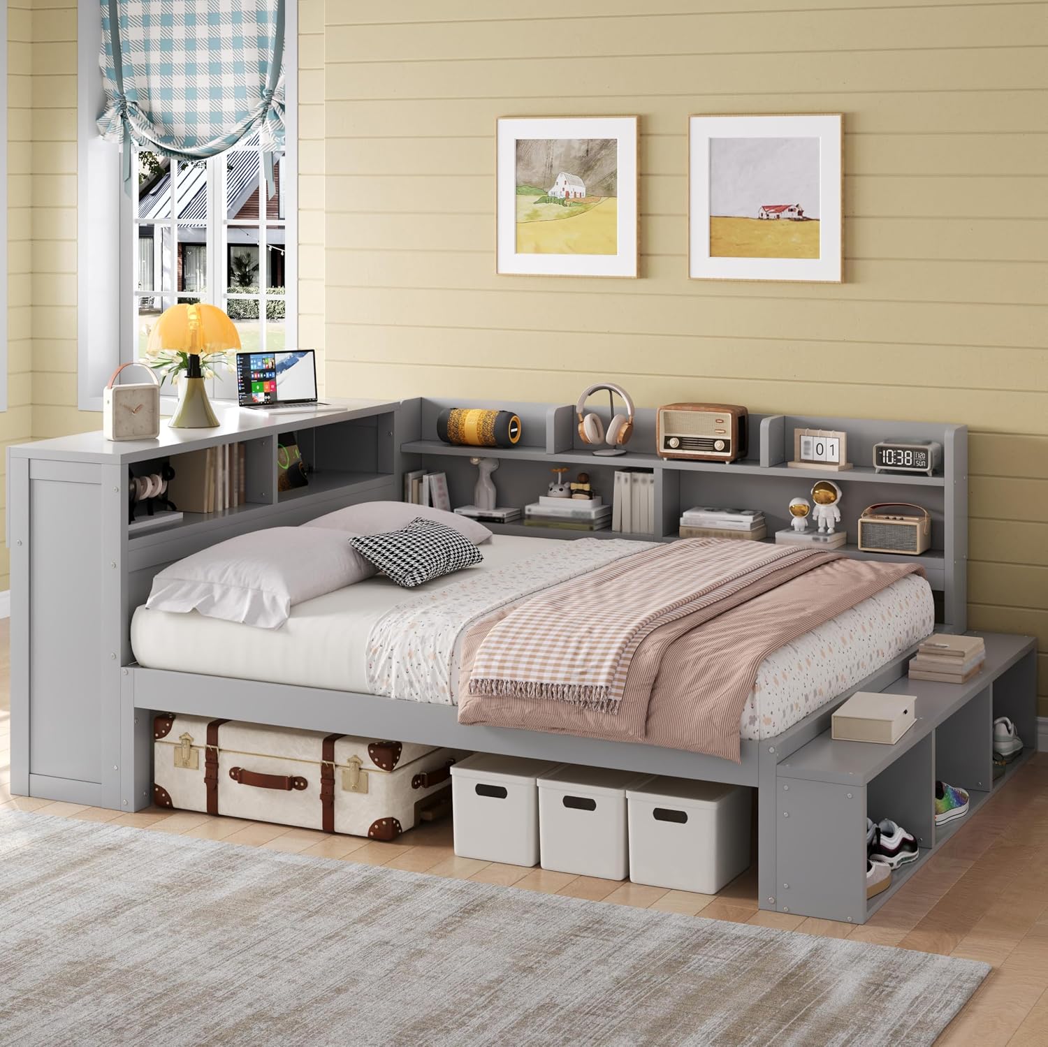 Merax Full Size Daybed with Storage Cabinets, Shoe Cabinet and USB Ports for Kids or Teens, Wood Full Daybed with Headboard, L-Shaped Corner Bed Full Size for Guestroom Living Room or Bedroom, Gray