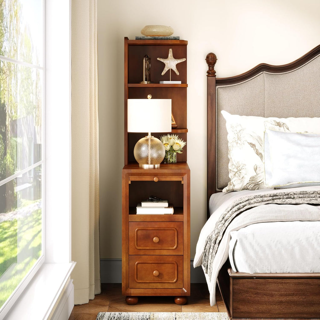 Solid Wood End Table with Drawers and Reversible Corner Shelves, Tall Narrow Side Table with Storage High Slim Chair Solid Side Table, Walnut