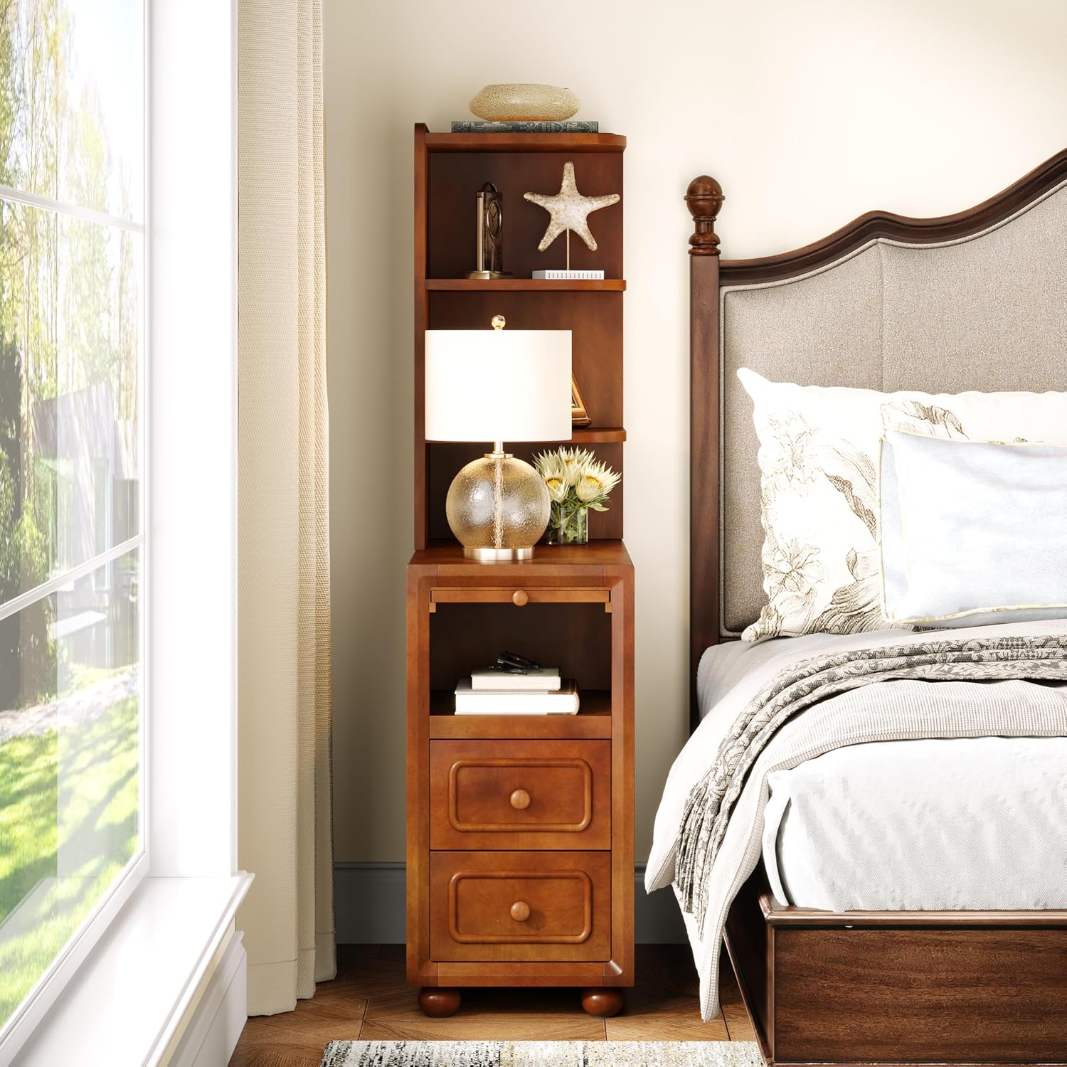 Solid Wood End Table with Drawers and Reversible Corner Shelves, Tall Narrow Side Table with Storage High Slim Chair Solid Side Table, Walnut