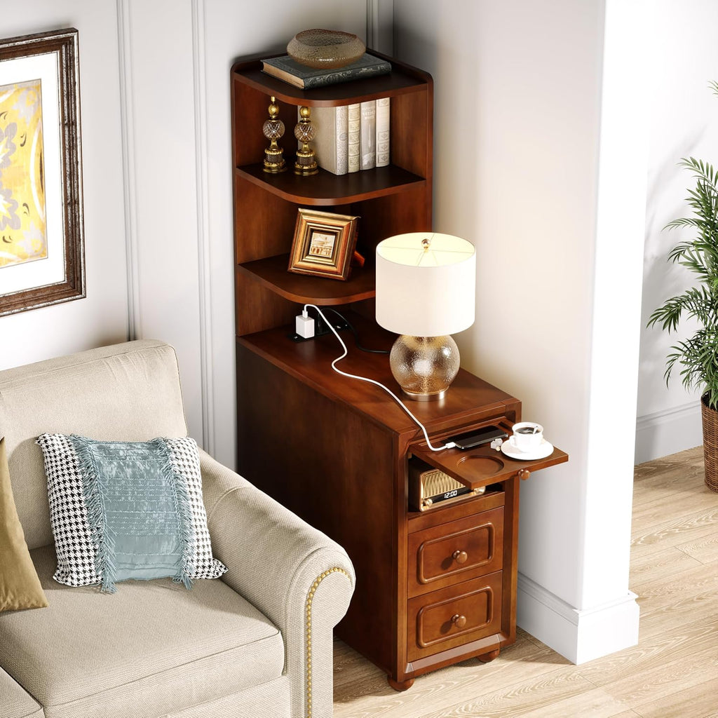 Solid Wood End Table with Charging Station and Reversible Corner Shelves, Tall Narrow Side Table with Drawers, USB Ports and Outlets for Living Room and Bedroom, Walnut