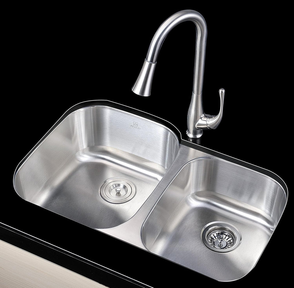 ANZZI Moore 32 Inch 304 Stainless Steel Undermount Double Kitchen Sink with 60/40 Split, 16 Gauge Deep Soak Dual Basin Bowl Kitchen Sink with Bottom Grid, Strainer, and Drain, K-AZ3220-3B