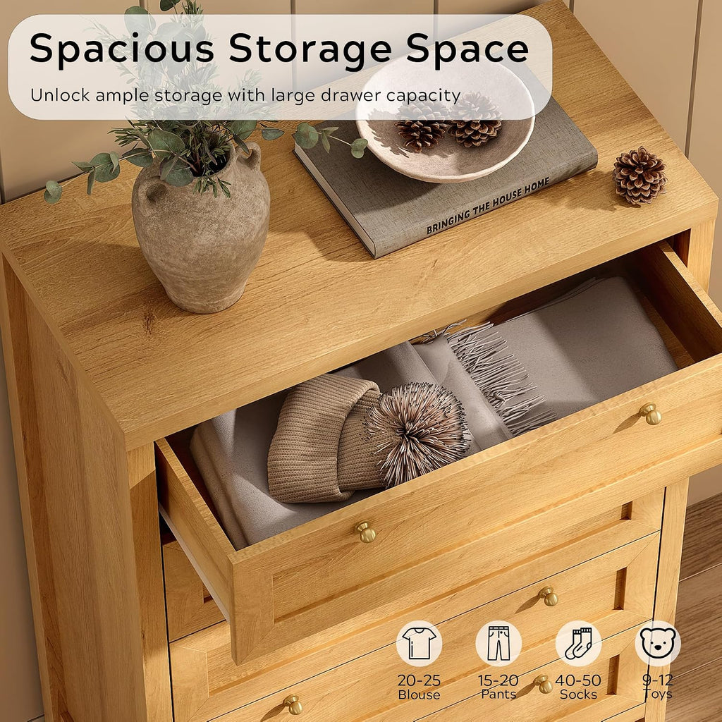 EYYTHUNG 5 Drawer Dresser Farmhouse 47' Tall Wood Closet Chest of Drawers Modern Storage Dressers Organizer for Bedroom Living Room, Entryway, Hallway, Natural Oak