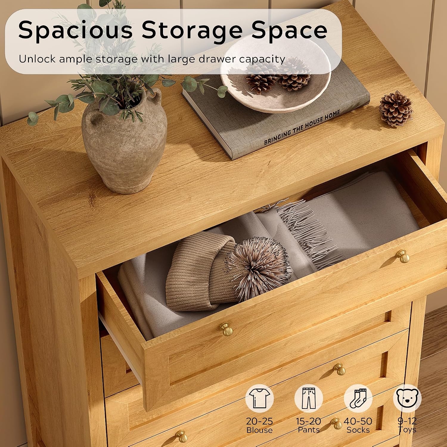 EYYTHUNG 5 Drawer Dresser Farmhouse 47' Tall Wood Closet Chest of Drawers Modern Storage Dressers Organizer for Bedroom Living Room, Entryway, Hallway, Natural Oak