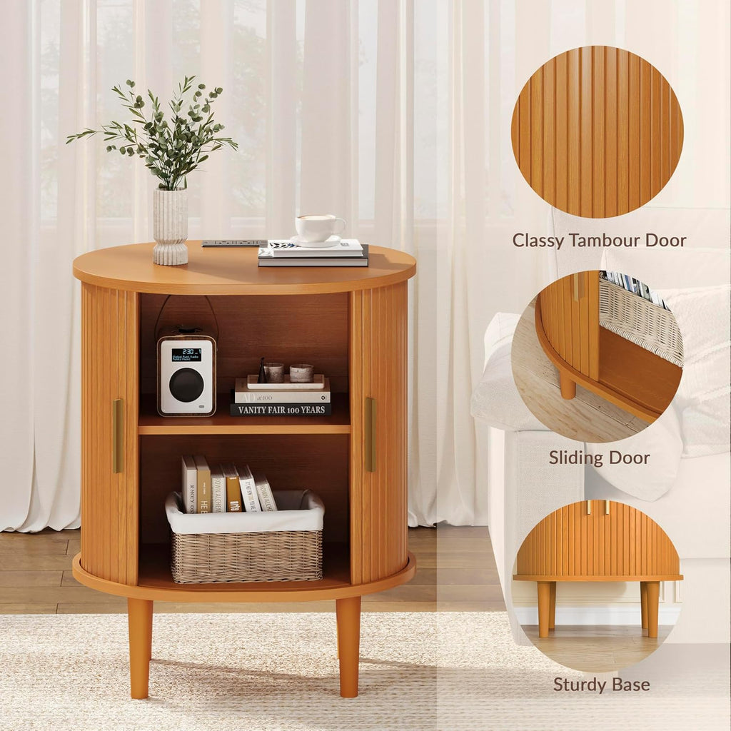 DHH Mid Century Modern Nightstand Set of 2 with Charging Station,Fluted Accent Side Table with Sliding Door & Adjustable Shelf,End Table for Small Space, Living Room, Bedroom,Sofa Couch,Yellow Walnut