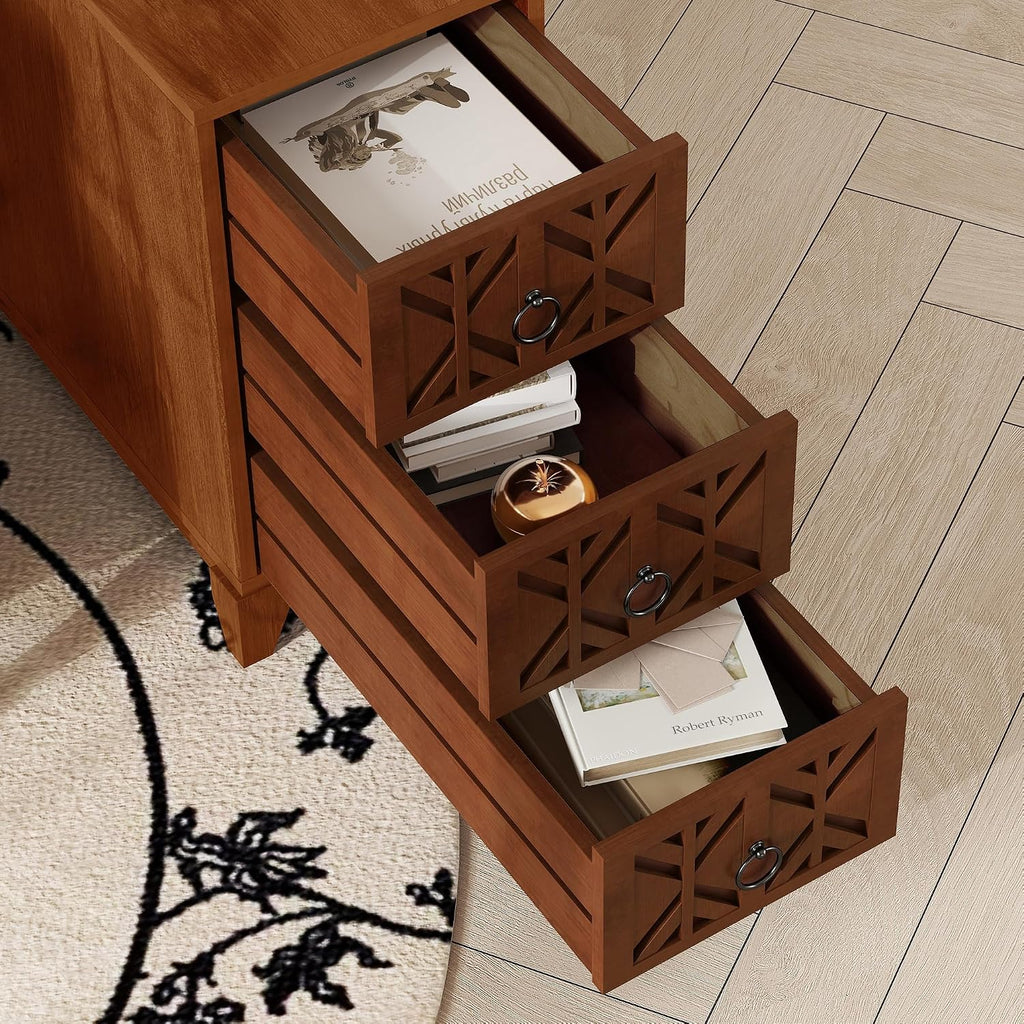 End Table with 3 Drawers & 2 Adjustable Shelves,Corner Table with USB & AC Charge Station,X-Shaped Carved Front,Solid Wood Frame,Tall Narrow Side Tables for Bedroom,Living Room,Small Space,Natural