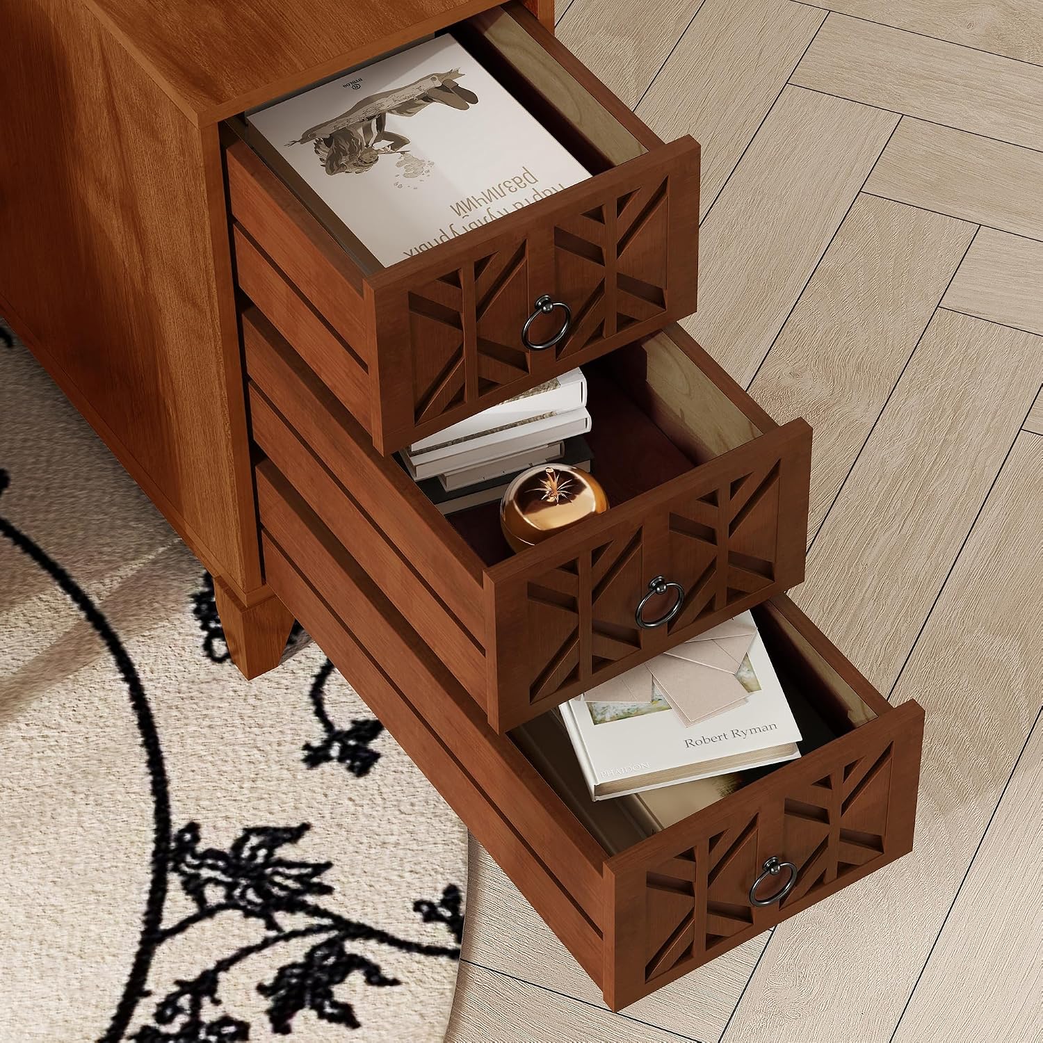 End Table with 3 Drawers & 2 Adjustable Shelves,Corner Table with USB & AC Charge Station,X-Shaped Carved Front,Solid Wood Frame,Tall Narrow Side Tables for Bedroom,Living Room,Small Space,Natural
