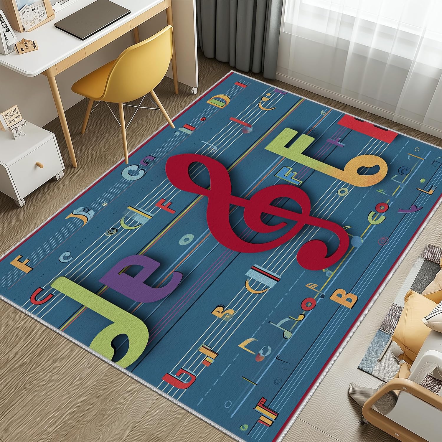 Music Note Rug for Boys Girls Room 6x9, Vintage Musical Alphabet Area Rug for Playroom Bedroom Nursery Classroom Game Room, Music Lovers Carpet Non-Slip Washable Play Mat