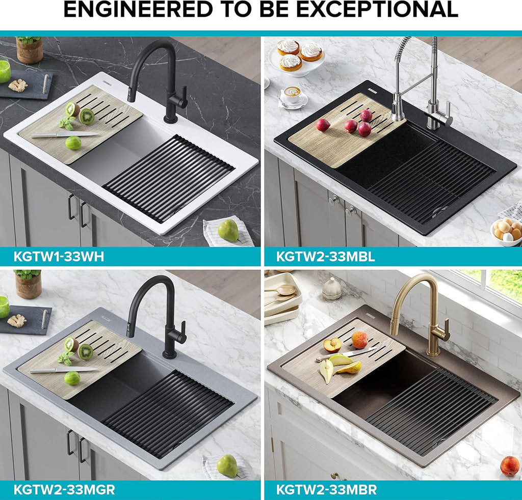 KRAUS Bellucci Workstation 33' Single Bowl Granite Kitchen Sink in Metallic Black w/Accessories, KGTW2-33MBL, Includes Dish Drainer/Dish Drying Rack
