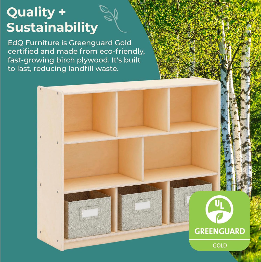 Guidecraft EdQ Three Shelf Compartment Storage Natural with 3 Fabric Bins: Wood Bookshelf and Toy Organizer for Kids, Storage Unit for Homeschool and Classroom
