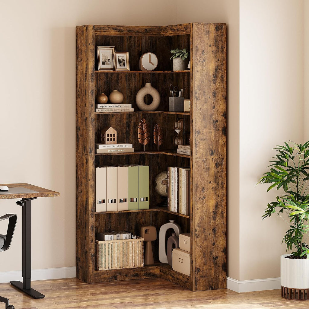GarveeHome Corner Bookshelf, 71.8 in Farmhouse Corner Bookcase, L-Shaped Bookshelf Large Bookcase, 5 Tier Display Shelf Heavy Duty Bookcases, Bookshelves with Storage