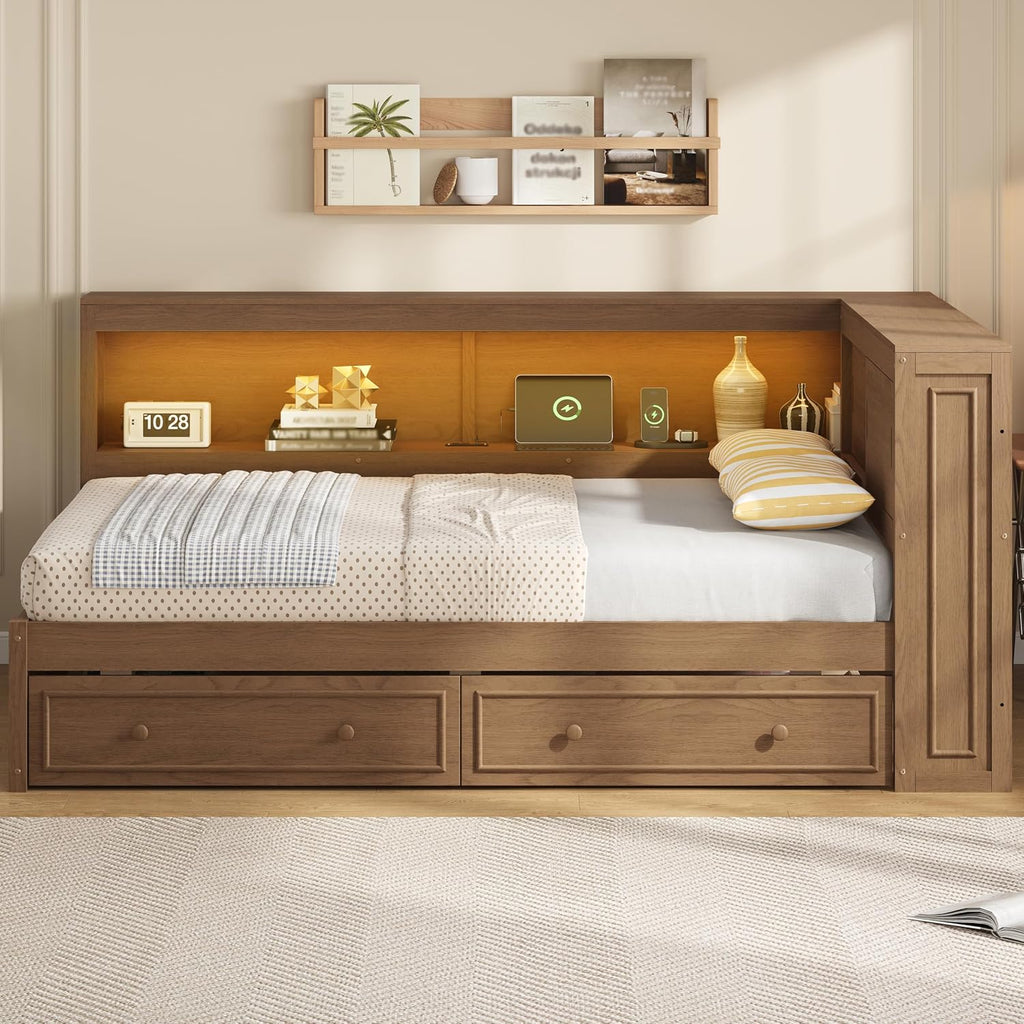 Merax Full Size Daybed Frame with 2 Drawers for Kids, Daybed Full Size with Storage Shelves and Headboard, Wood Corner Bed with USB Ports and LED for Living Room, Antique Wood