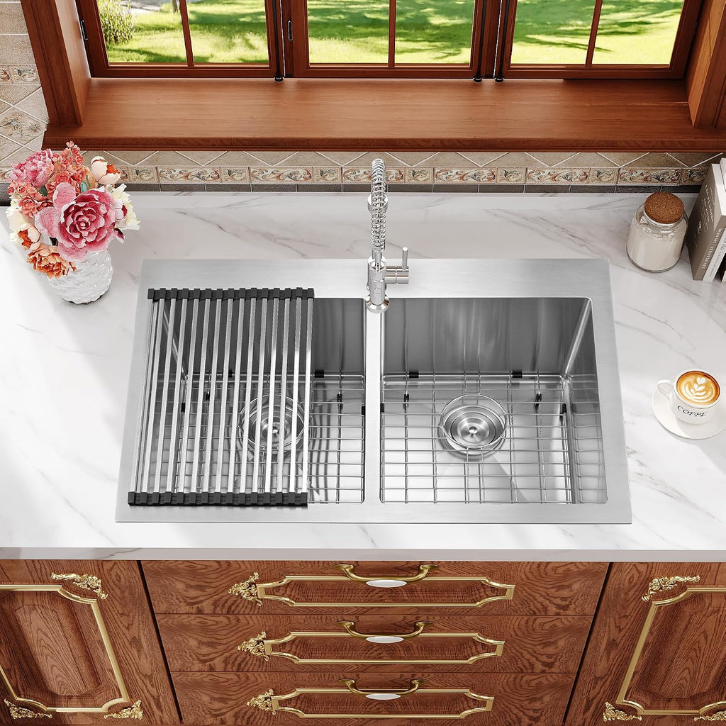 Rhbamoa Double Bowl Drop In Kitchen Sink 33x22,16-Gauge T304 Stainless Steel Topmount Kitchen Sink,50/50 Double Bowl Kitchen Sinks,Deep Sinks with All Accessories, Brushed Finish