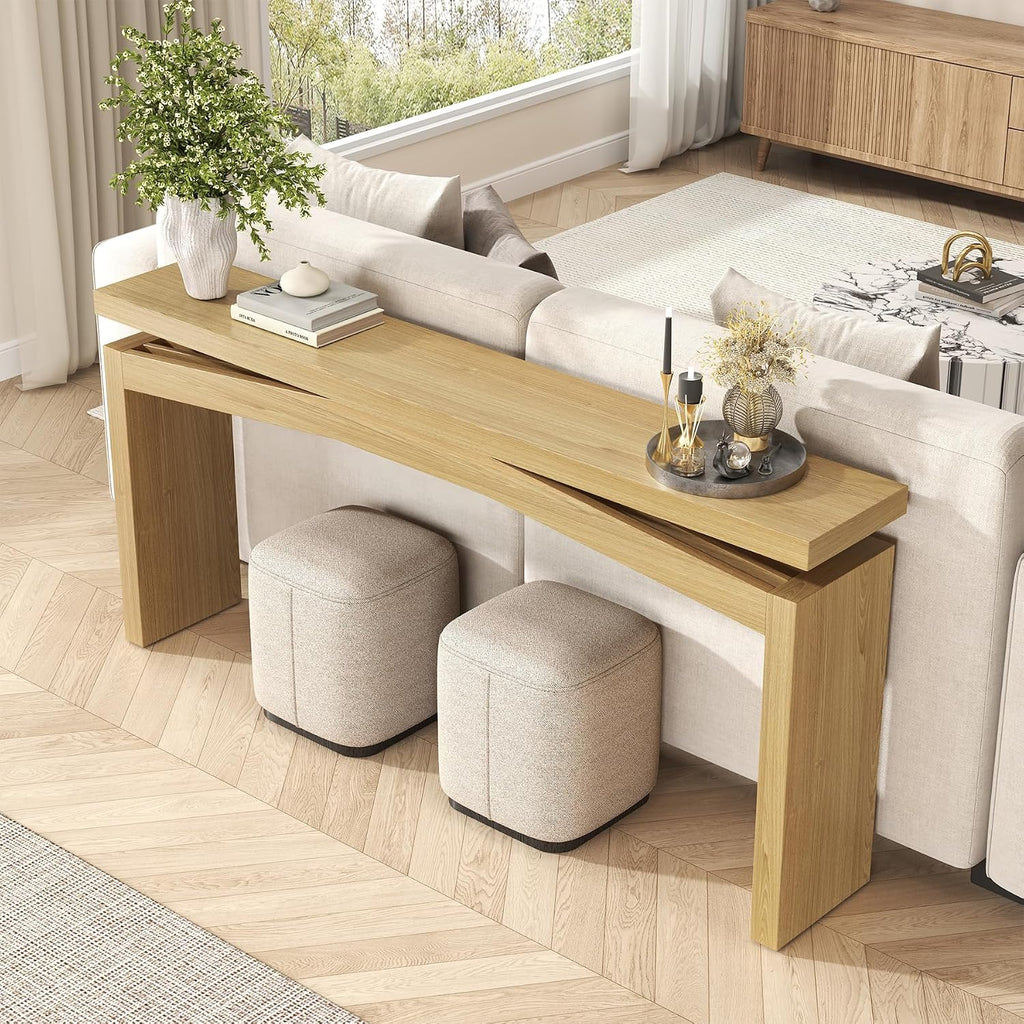 Epecoya Extra Long Console Tables for Living Room, Slim Entryway Table 63 Inches Long, Wooden Couch Table Behind Sofa for Hallway, Living Room, Home, Natural Teak