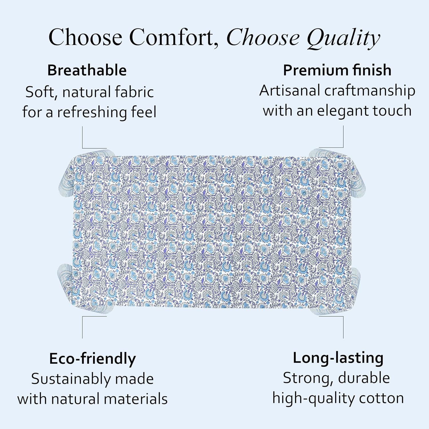 CPC Tablecloth 100% Cotton 72x190 Inch Indian Block Print Rectangle Table Cover, Blue Table Cloth for Weddings, Spring/Summer, Barbeque - Indigo Blue