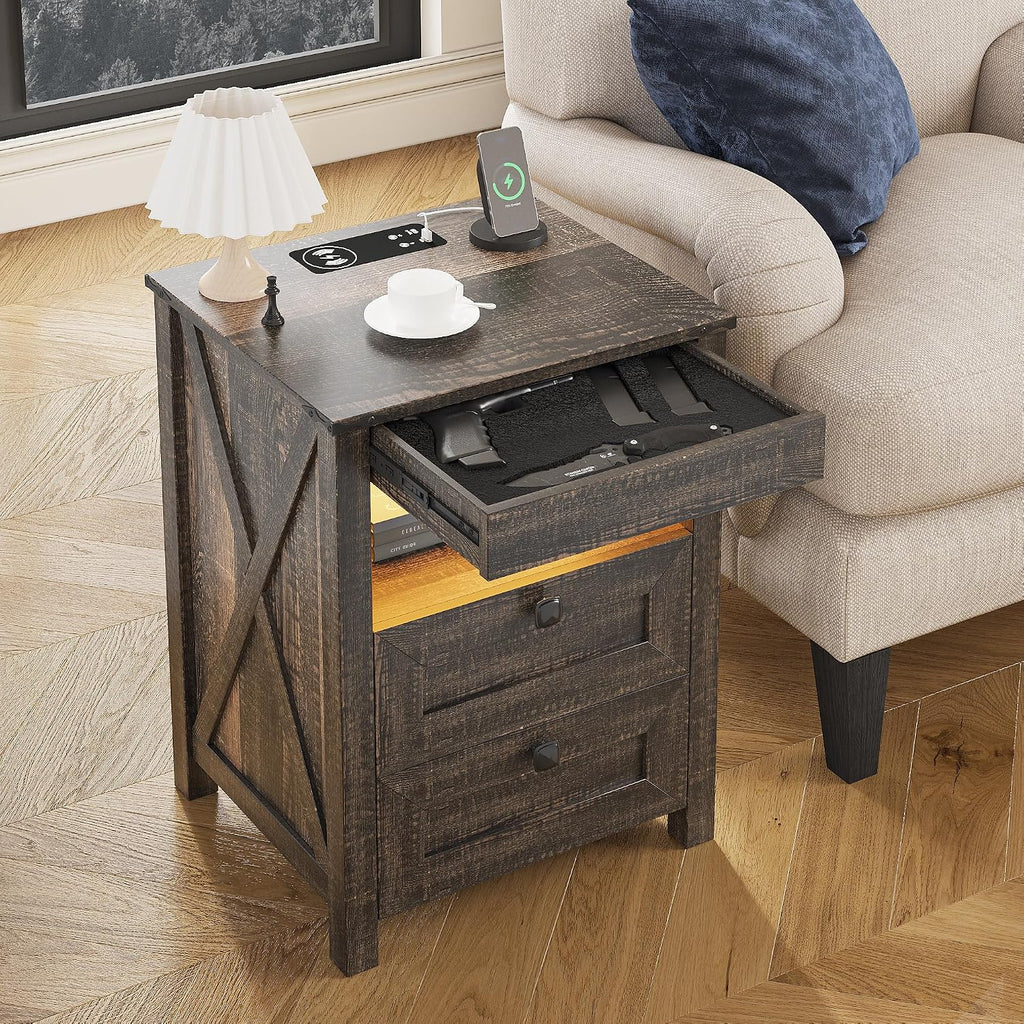 Farmhouse LED Nightstand with Gun Drawer&Invisible Lock,Modern Bedside Table with Human Sensor Design,Rustic Side Table with Wireless Charging for Living Room, Dark Oak