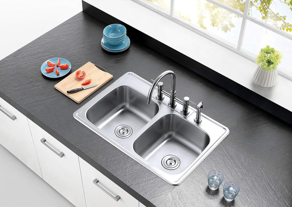 Kingston Brass Gourmetier GKTD33226 Studio Self-Rimming Double Bowl Kitchen Sink, 33-Inch L × 22-Inch W × 6-Inch H, Brushed Stainless Steel