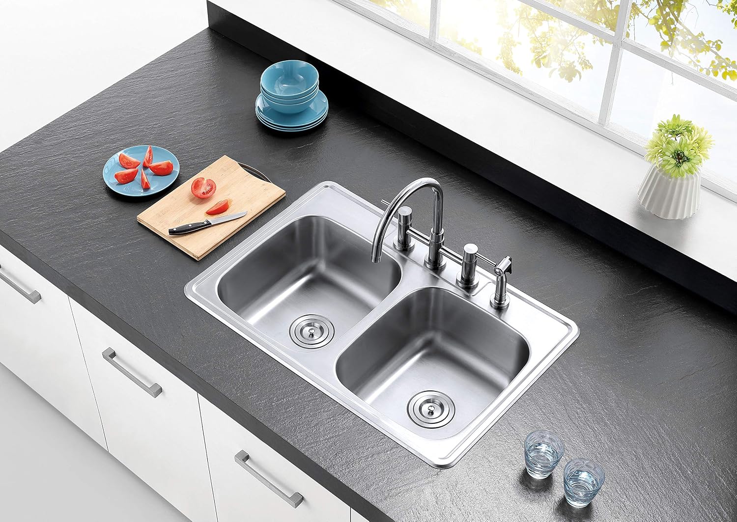 Kingston Brass Gourmetier GKTD33226 Studio Self-Rimming Double Bowl Kitchen Sink, 33-Inch L × 22-Inch W × 6-Inch H, Brushed Stainless Steel