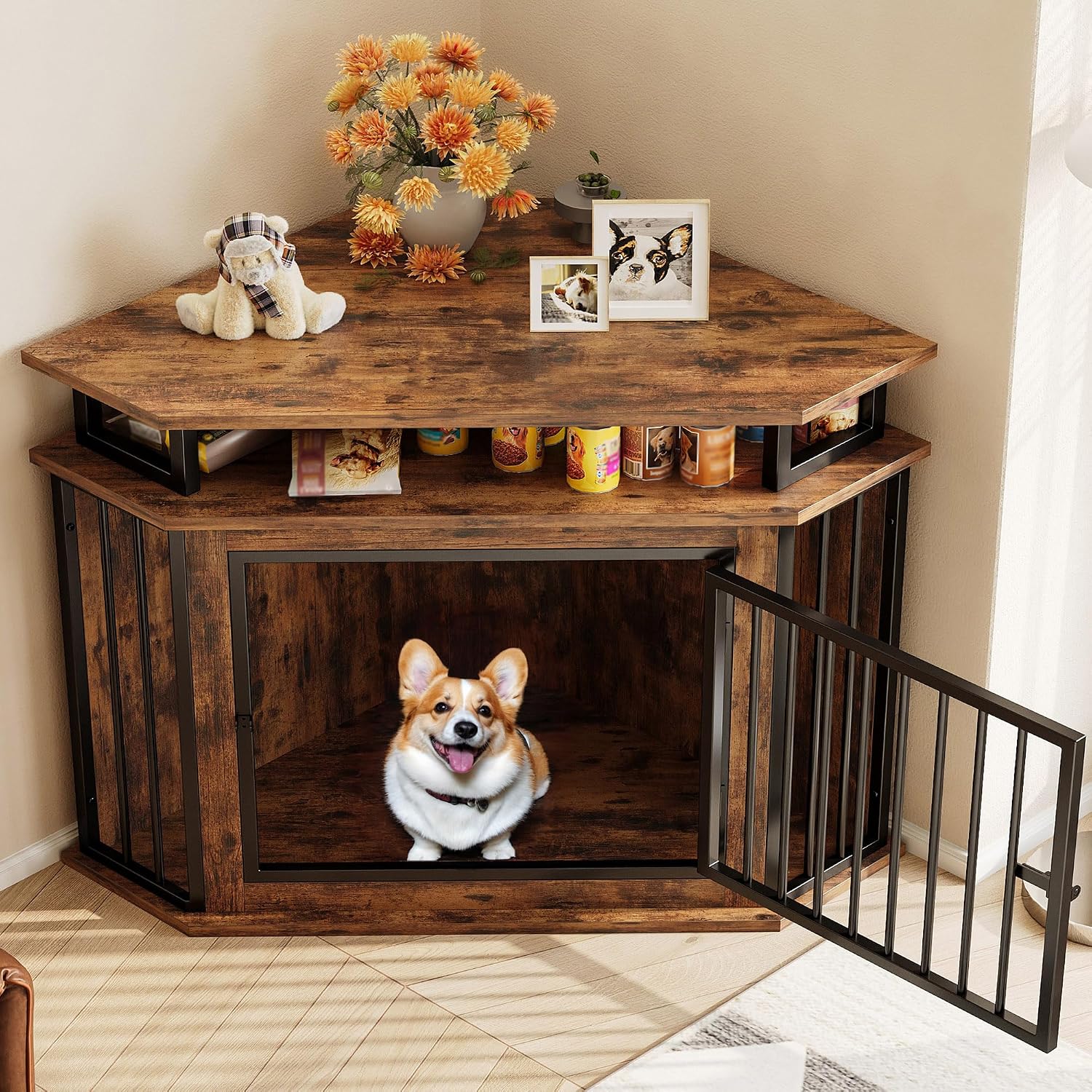 IRONCK 43.3' Corner Dog Crate Furniture with 2-Tier Shelves, Wooden Dog Kennel Indoor, Space-Saving Furniture Style Dog Cage for Small and Medium Dogs, Rustic Brown (23.6' L x 43.3' W x 32' H)