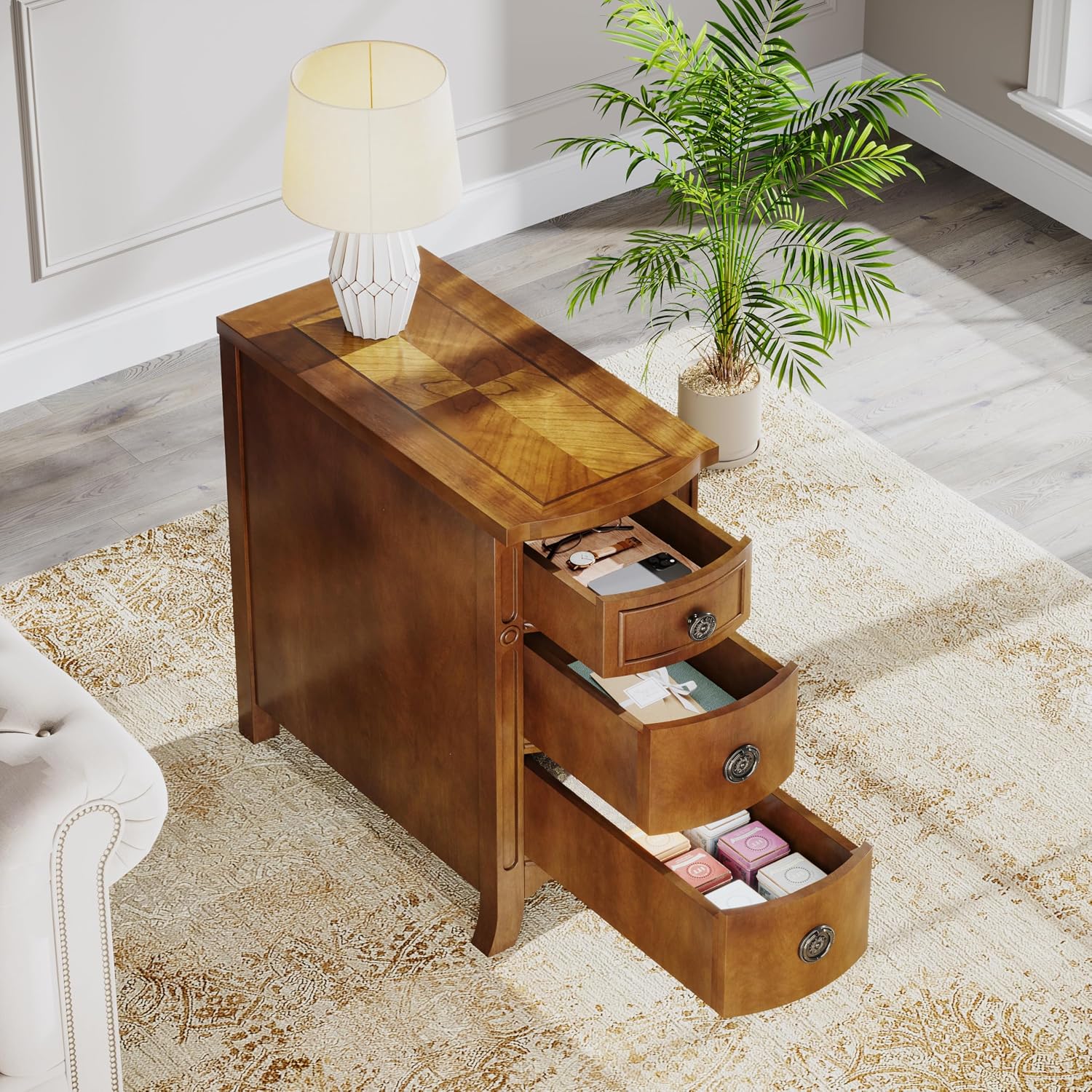 Farmhouse Solid Wood End Table, 3-Drawer Narrow Side Table Slim Chair Table for Living Room, Sofa Table with Drawers, Small Nightstand for Bedroom, No Assembly Required, Brown