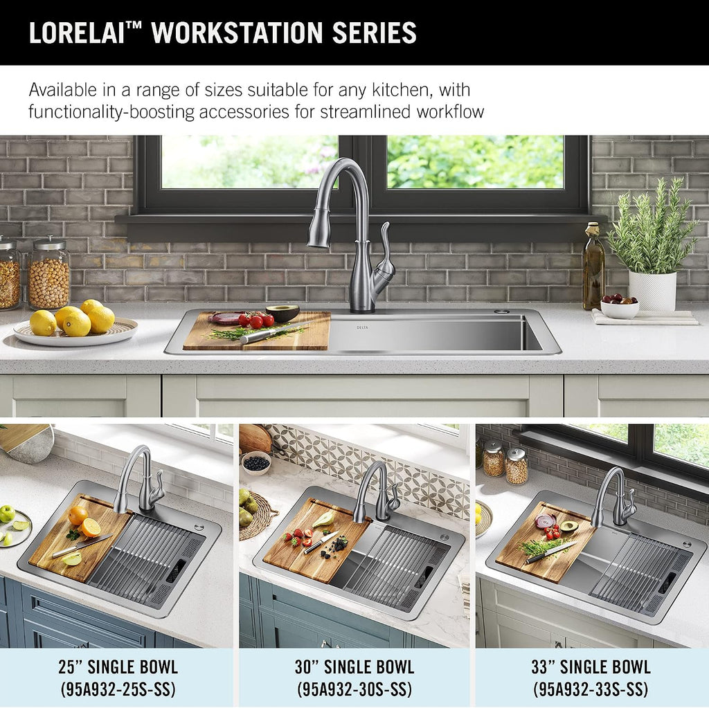DELTA FAUCET 95A932-25S-SS Lorelai Workstation Kitchen Sink Drop-in Top Mount Stainless Steel Single Bowl with WorkFlow Ledge and Chef's Kit of 5 Accessories