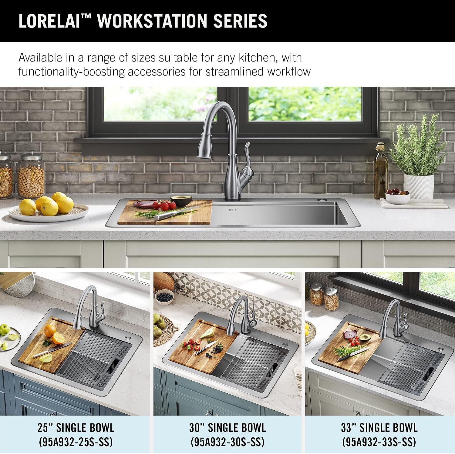 DELTA FAUCET 95A932-25S-SS Lorelai Workstation Kitchen Sink Drop-in Top Mount Stainless Steel Single Bowl with WorkFlow Ledge and Chef's Kit of 5 Accessories