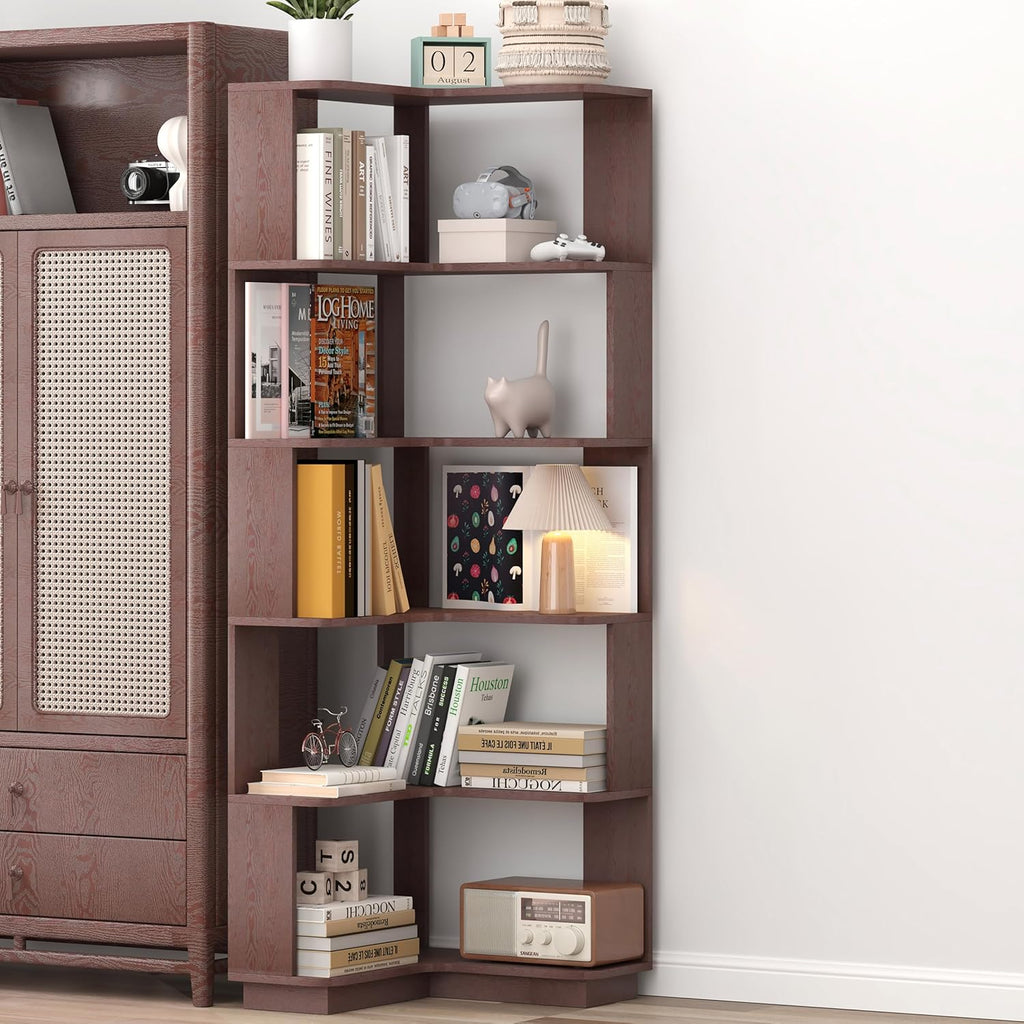 GDFStudio 64.6' Tall L-Shaped Corner Bookshelf, 6-Tier Freestanding Corner Shelf Bookcase with Anti-Drop Panels, Wooden Open Back Display Shelves Organizer for Living Room Bedroom Office, Ox Blood Red