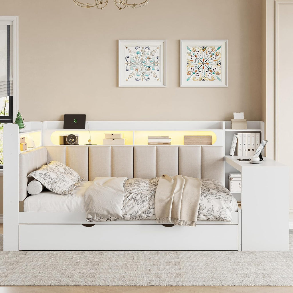 Merax Full Size Daybed with Storage Shelves and Trundle, Wooden Corner Bed with Charging Station, LED Light, Desk, Upholstered Headboard and Backrest, No Spring Box Need