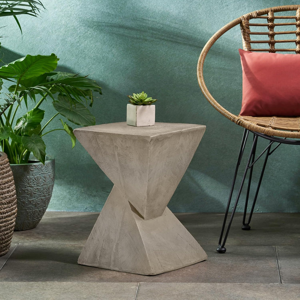 Christopher Knight Home Novi Outdoor Side Table, Geometric-Shaped Accent Side End Table, Garden Stool for Patio Balcony Beach Pool, Lightweight Concrete, Wood-Like Texture, Light Gray