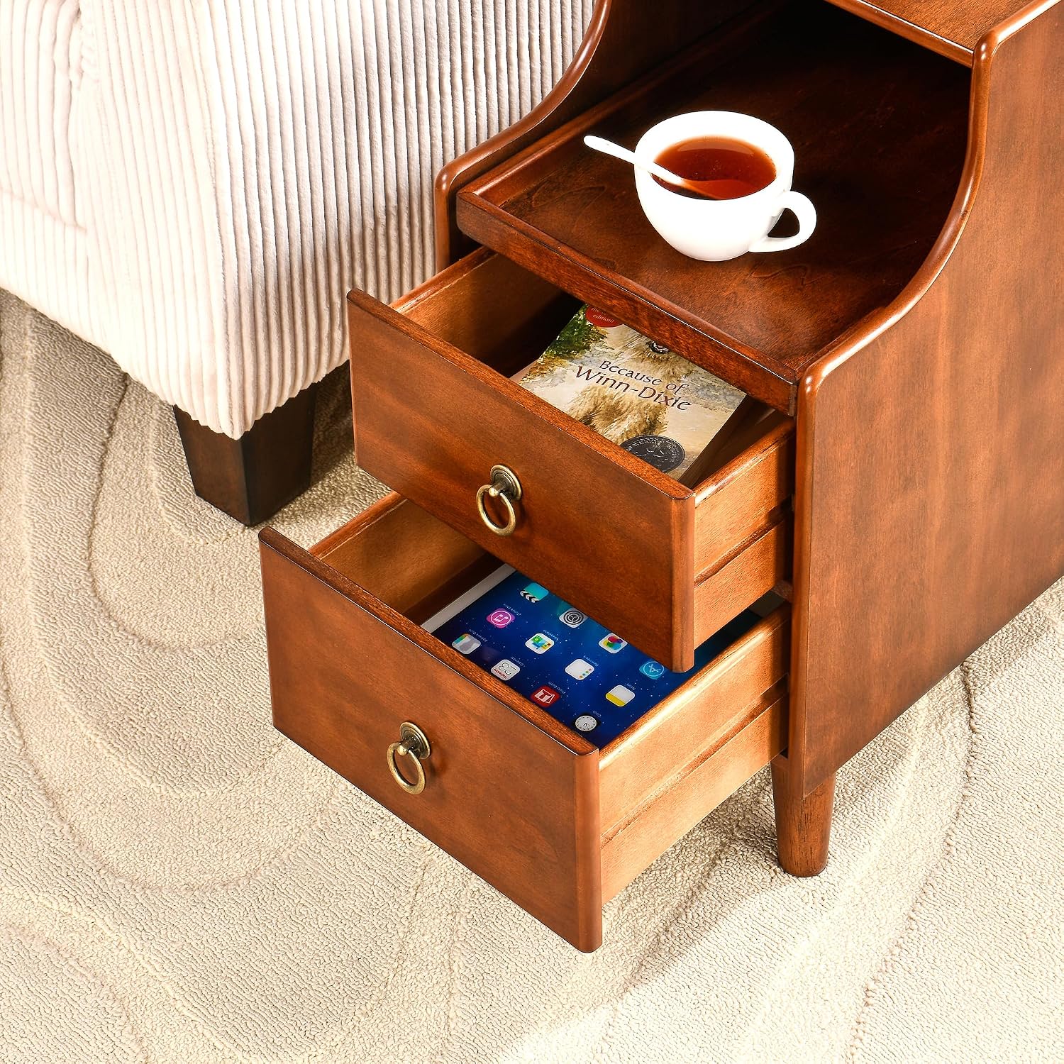 Narrow End Side Table with 2 Drawers and Pull-Out Tray, No-Tools Assembly Sofa Beside Table for Living Room, Slim Side Table with Solid Wood Legs, 11.8'W x 21.6'L x 22.9'H Caramel Brown BG-A1359-MG