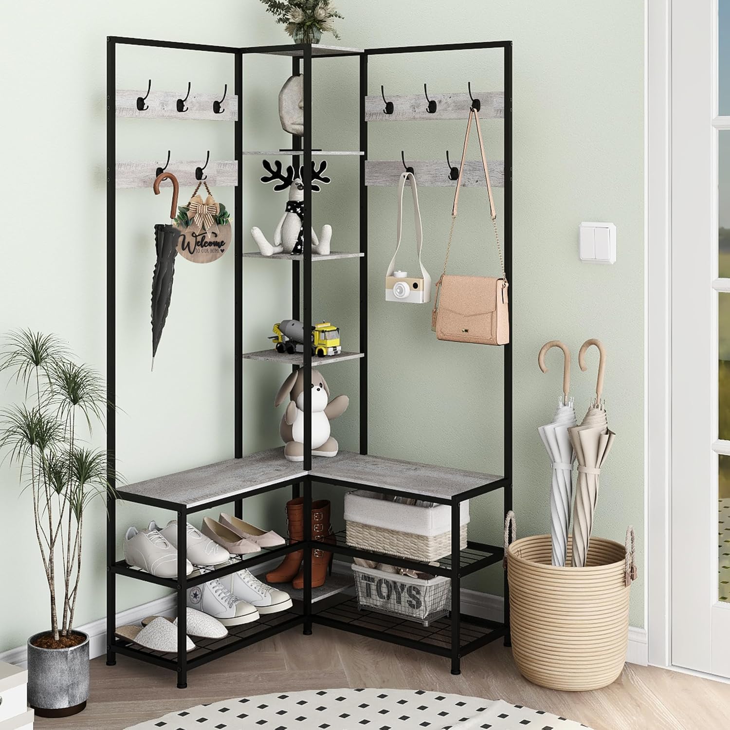 GiftGo Corner Hall Tree with Shoe Rack Storage Bench Display Open Shelves Modern Industrial Entryway Coat Rack Stand for Home Living Room Mudroom Bedroom Multifuncitonal 5 in 1 (Greige)