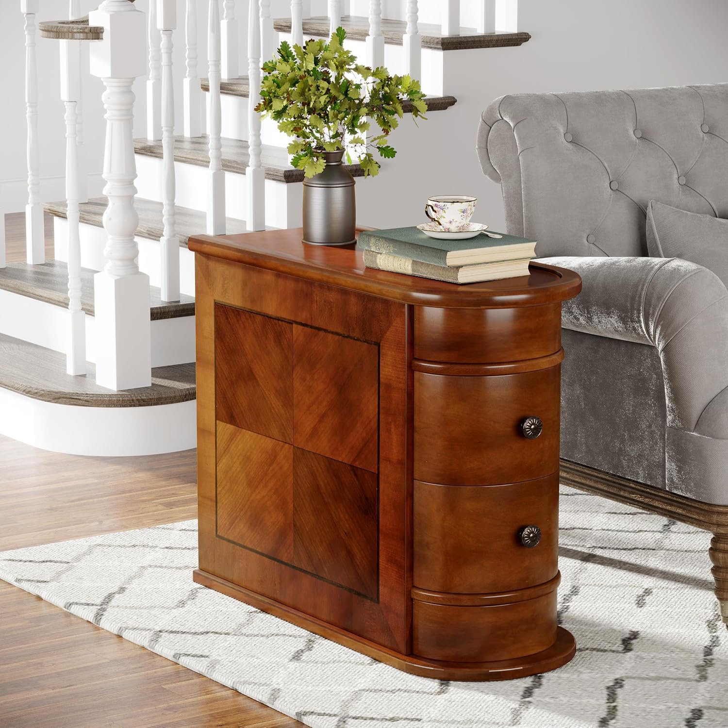 Wood End Table with 2 Drawers, No Assembly Required Narrow Sofa Side Table for Living Room, Vintage Slim Nightstand Bedside Table for Bedroom (2 Drawers, Brown, 1Pc)