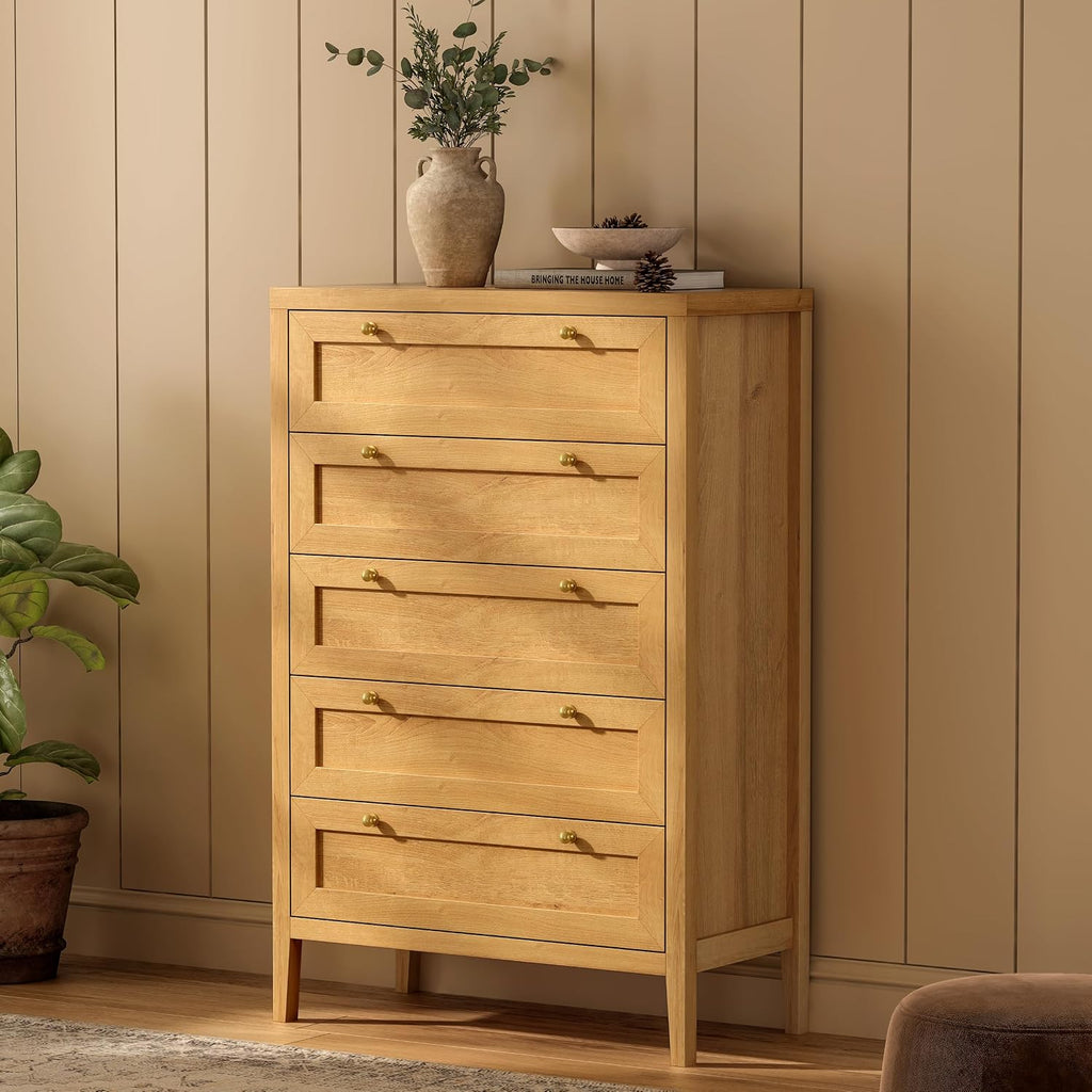 EYYTHUNG 5 Drawer Dresser Farmhouse 47' Tall Wood Closet Chest of Drawers Modern Storage Dressers Organizer for Bedroom Living Room, Entryway, Hallway, Natural Oak