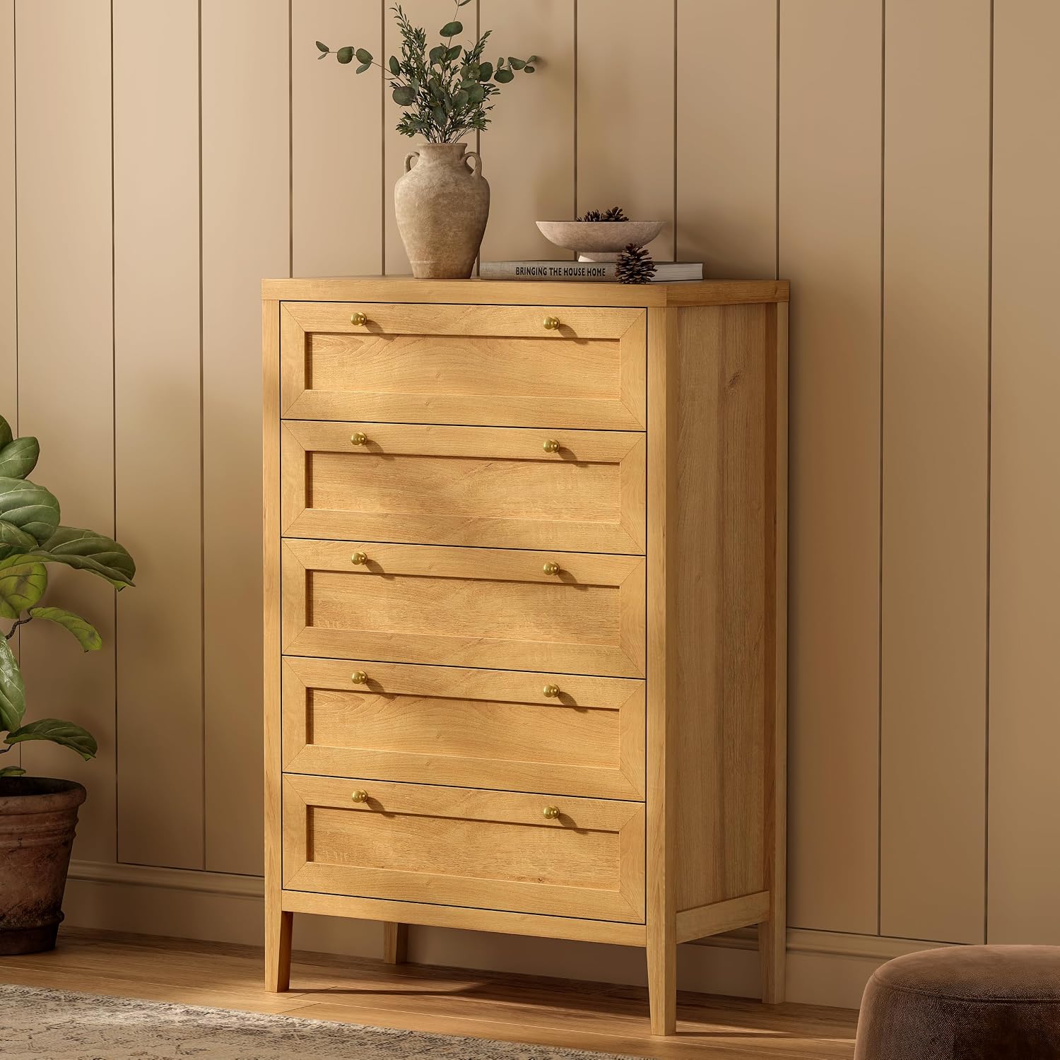 EYYTHUNG 5 Drawer Dresser Farmhouse 47' Tall Wood Closet Chest of Drawers Modern Storage Dressers Organizer for Bedroom Living Room, Entryway, Hallway, Natural Oak