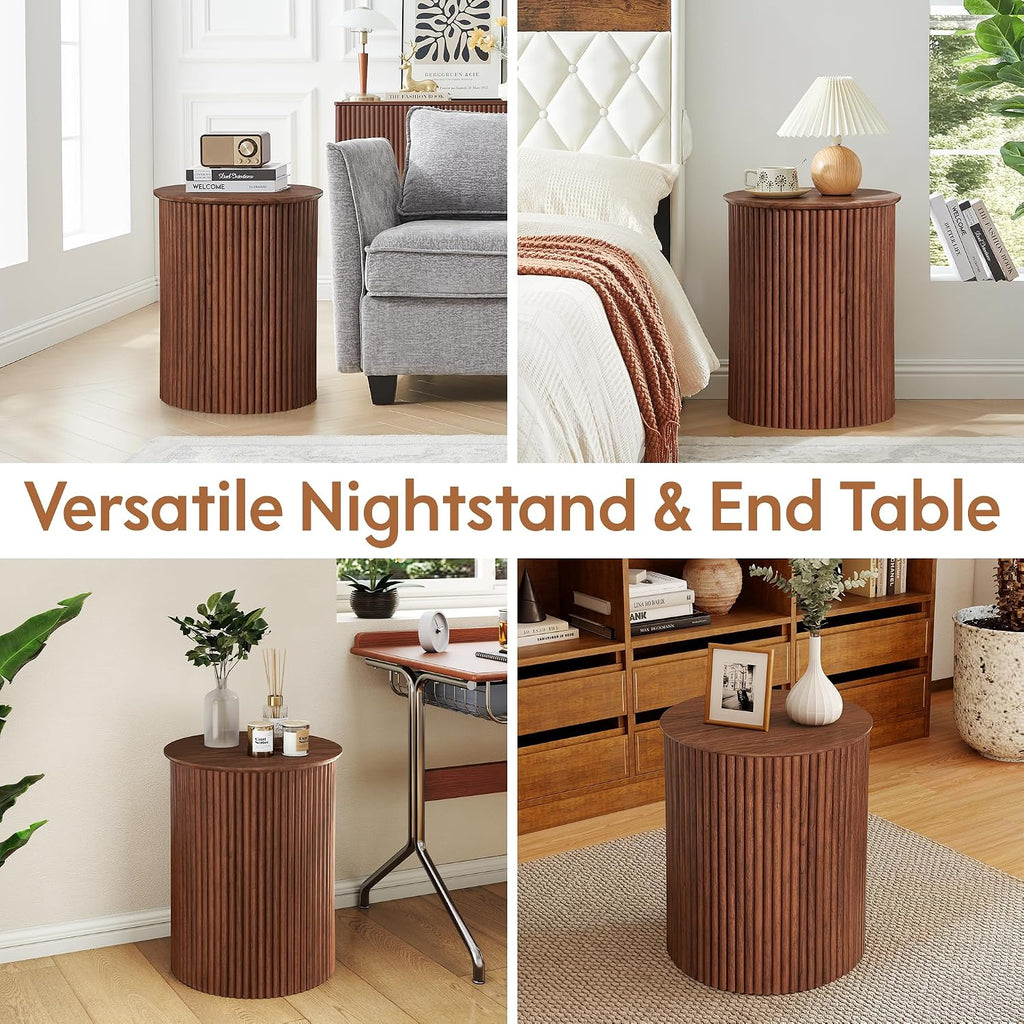 AVZEAR Small Round Side Table Fluted Night Stand Set of 2, 17.7' Mid Century Modern End Table, Circle Bedside Tables Wood Nightstands for Small Spaces, Living Room, Bedroom (Rustic Walnut)