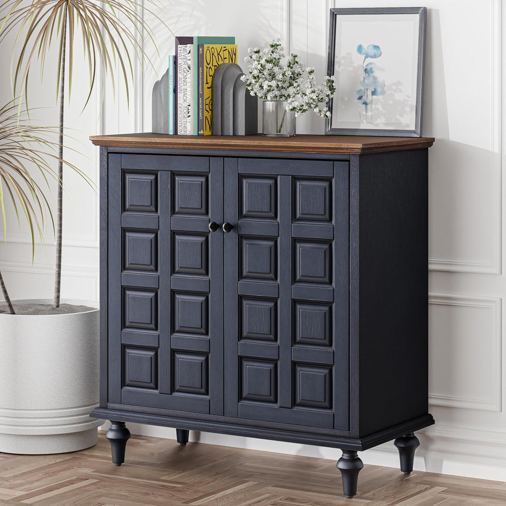 Aoikax Retro 2 Door Storage Cabinet with Plaid Pattern Front, Vintage Side Table for Bedroom, Living Room, Handles, Two-Shelves, Pine Wood, Dark Blue, Natural Wood