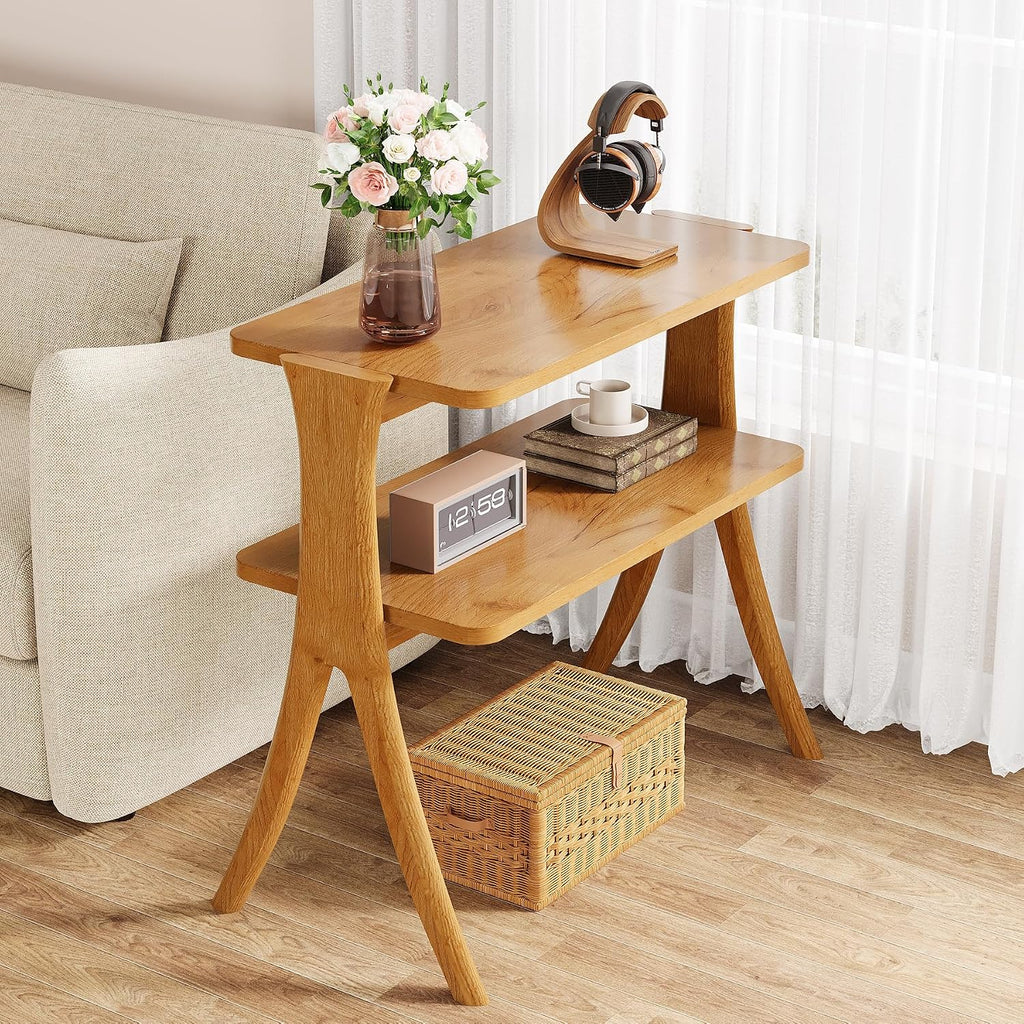 Tribesigns Narrow Side Table Set of 2, Farmhouse End Table with 2-Tier Storage Shelf and Solid Wood Legs, Slim Modern Bedside Table Nightstand for Bedroom, Living Room, Small Spaces, Brown(2)