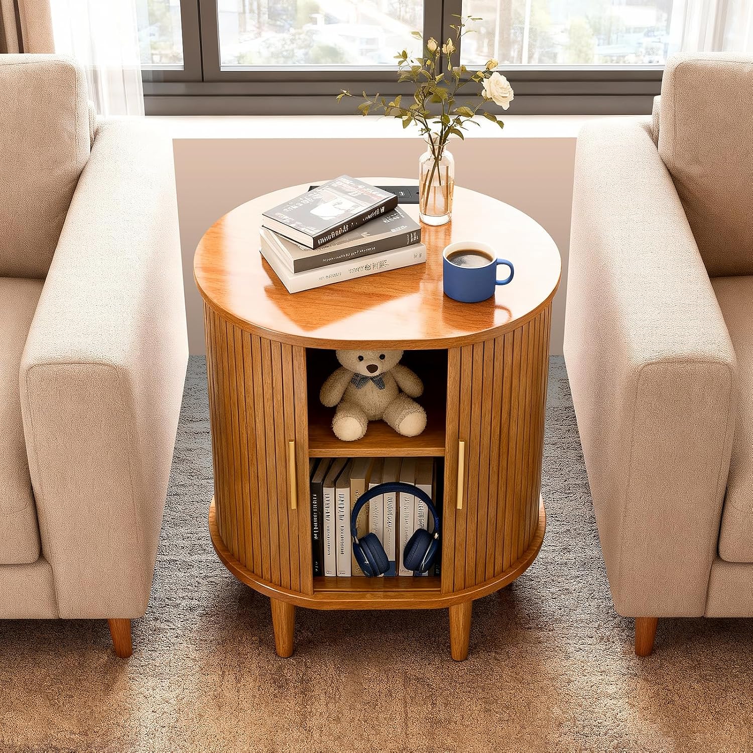 DHH Mid Century Modern Nightstand Set of 2 with Charging Station,Fluted Accent Side Table with Sliding Door & Adjustable Shelf,End Table for Small Space, Living Room, Bedroom,Sofa Couch,Yellow Walnut