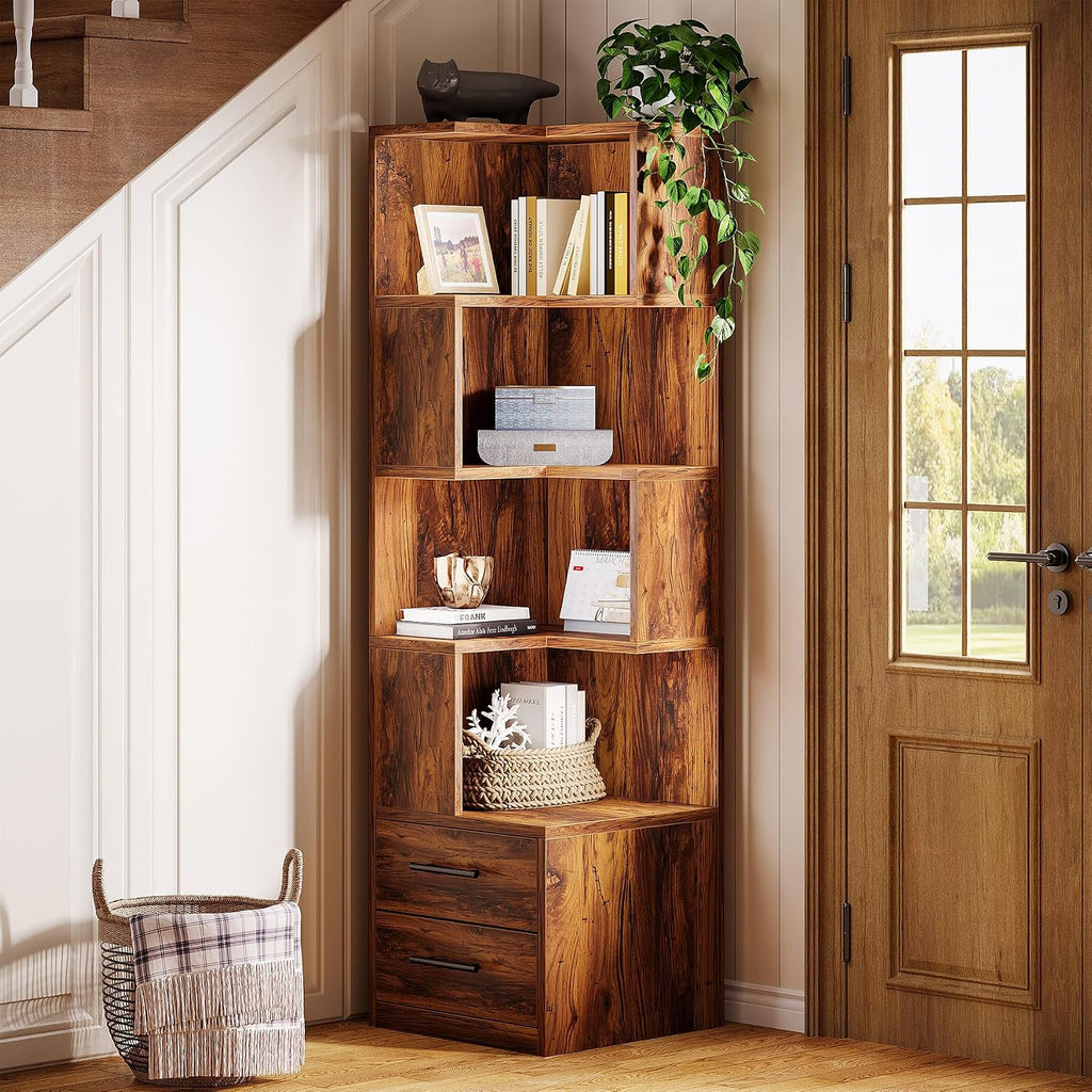 Tribesigns 5-Tier Corner Bookshelf with 2 Drawers, 66.9-Inch Tall Corner Bookcase Shelf, Mid-Century Modern Corner Storage Cabinet Display Rack Shelf for Living Room, Home Office (Rustic Brown)