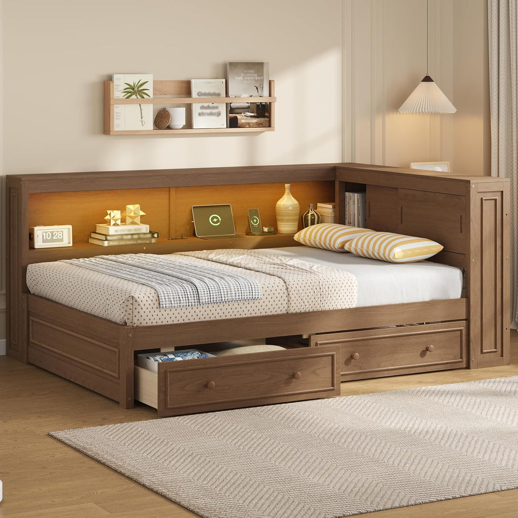 Merax Full Size Daybed Frame with 2 Drawers for Kids, Daybed Full Size with Storage Shelves and Headboard, Wood Corner Bed with USB Ports and LED for Living Room, Antique Wood