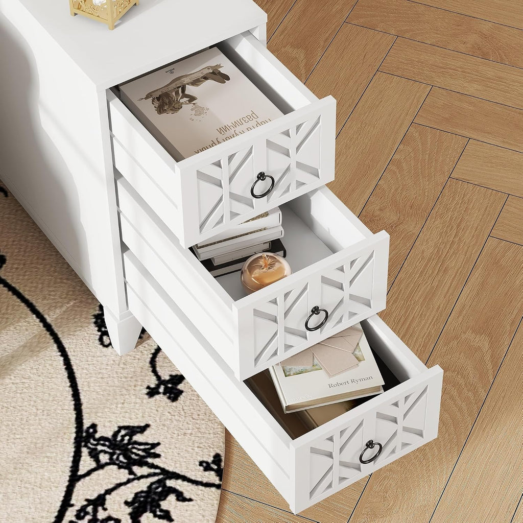 End Table with 3 Drawers & 2 Adjustable Shelves,Corner Table with USB & AC Charge Station,X-Shaped Carved Front,Solid Wood Frame,Tall Narrow Side Tables for Bedroom,Living Room,Small Space,White
