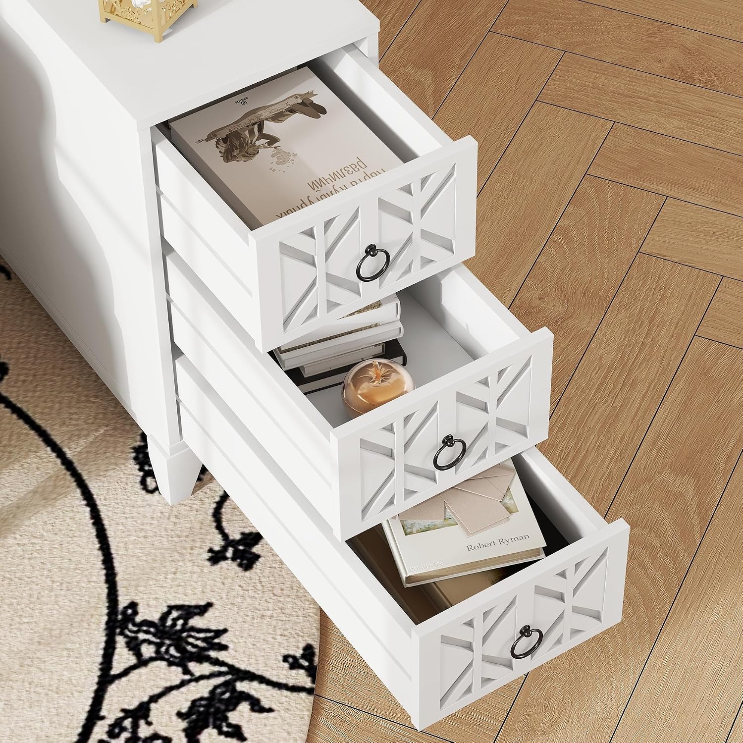 End Table with 3 Drawers & 2 Adjustable Shelves,Corner Table with USB & AC Charge Station,X-Shaped Carved Front,Solid Wood Frame,Tall Narrow Side Tables for Bedroom,Living Room,Small Space,White