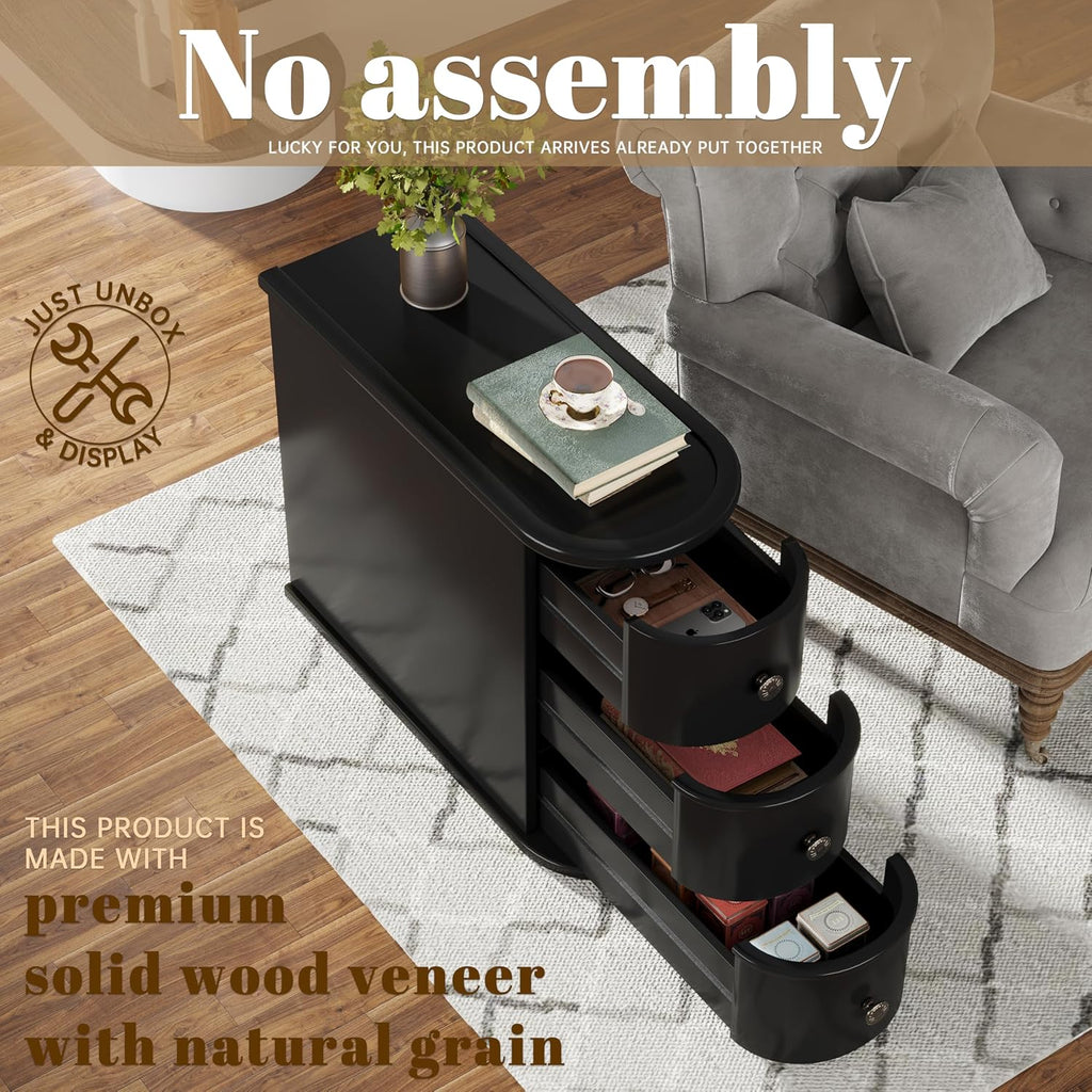 Wood End Table with 3 Drawers, No Assembly Required Narrow Sofa Side Table for Living Room, Vintage Slim Nightstand Bedside Table Bedroom (3 Drawers, Black, 1Pc)